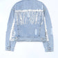 Sky Blue Sequin Embellished Fringe Distressed Denim Jacket: Sky Blue / 75%Cotton+12.7%Polyester+12.3%Viscose.