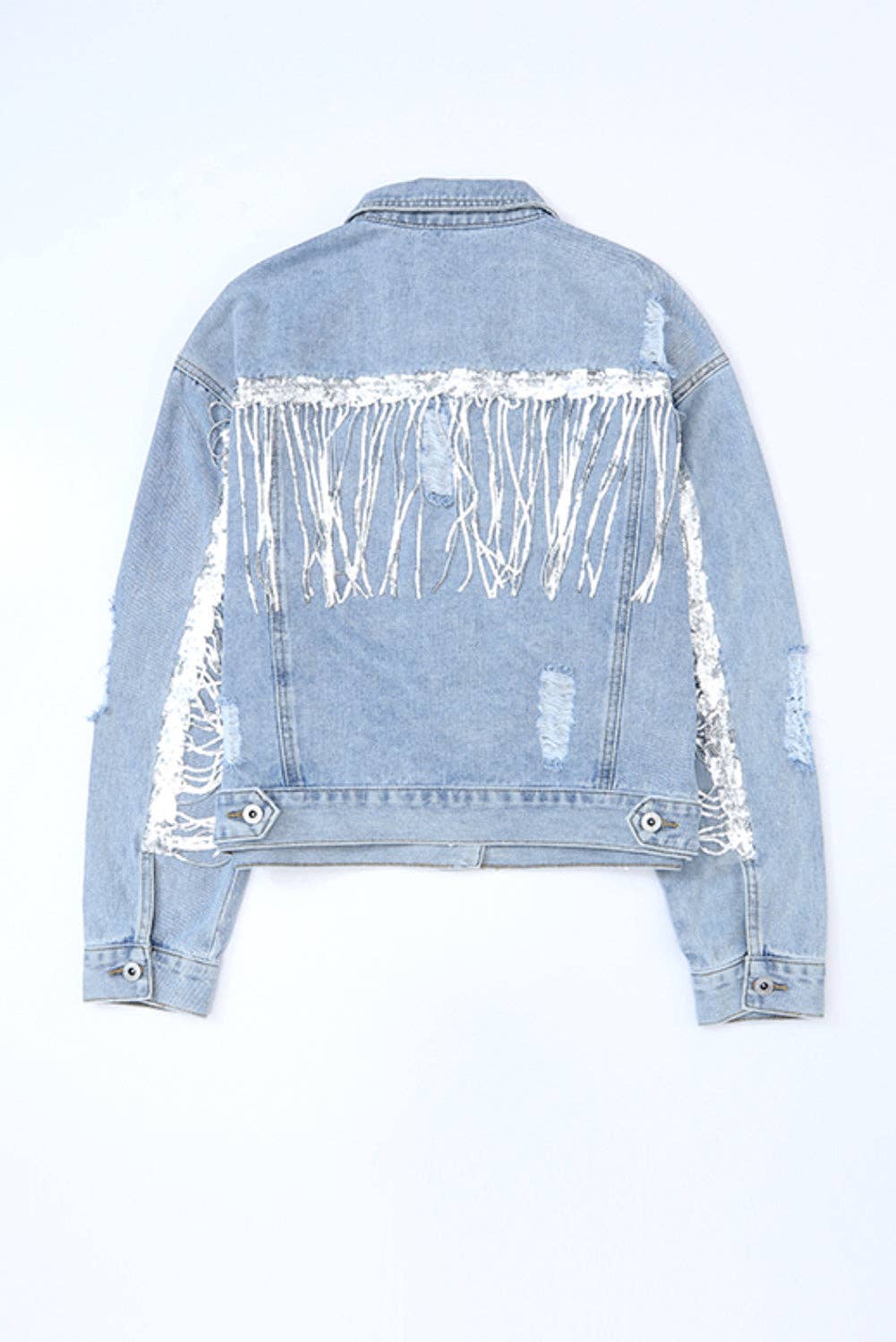 Sky Blue Sequin Embellished Fringe Distressed Denim Jacket: Sky Blue / 75%Cotton+12.7%Polyester+12.3%Viscose.