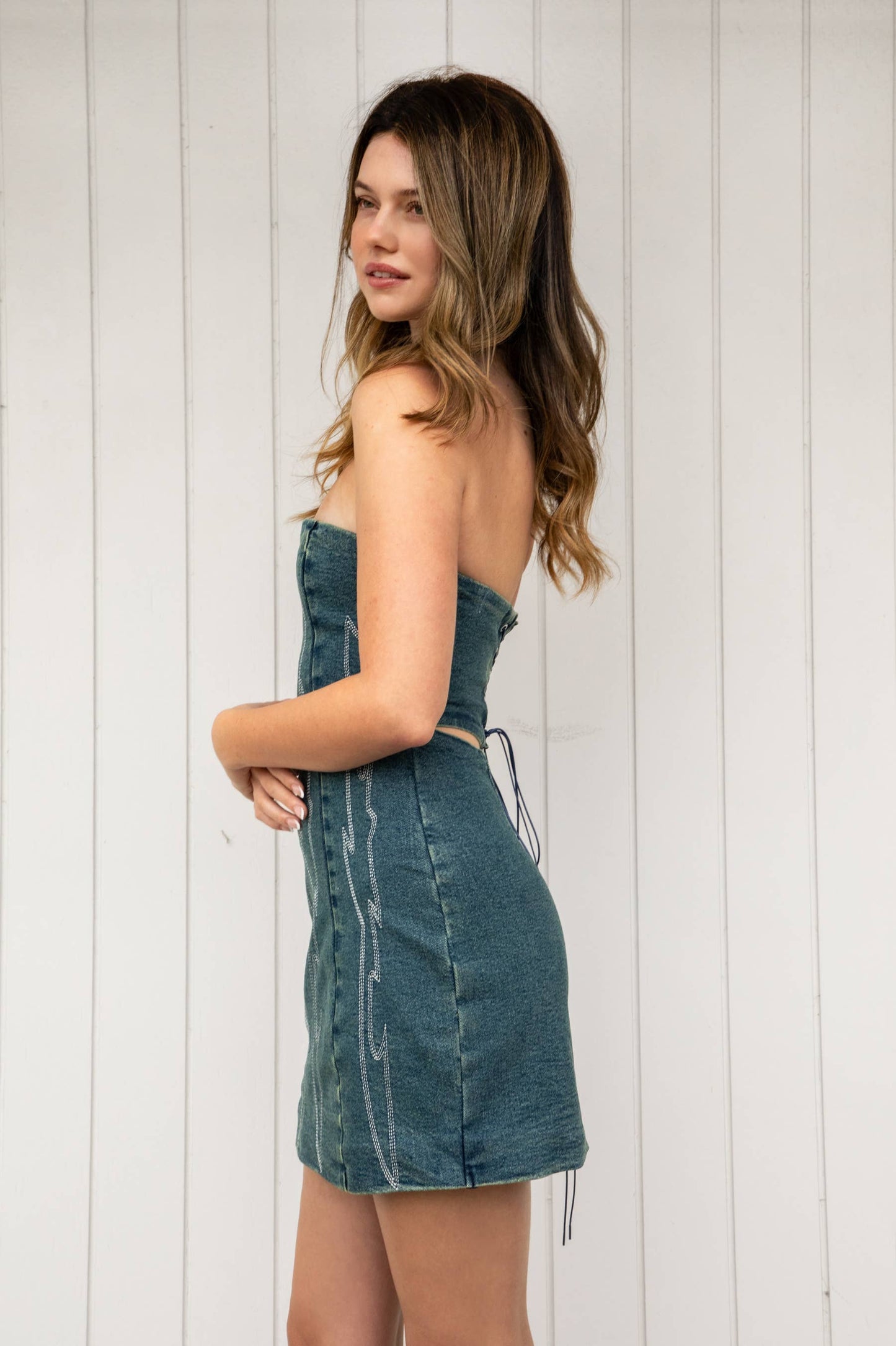ARIZONA Denim Western Stitch Mini Dress: