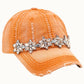 Bejeweled Bling Glitz Distressed Cap, Adjustable: Burnt Orange