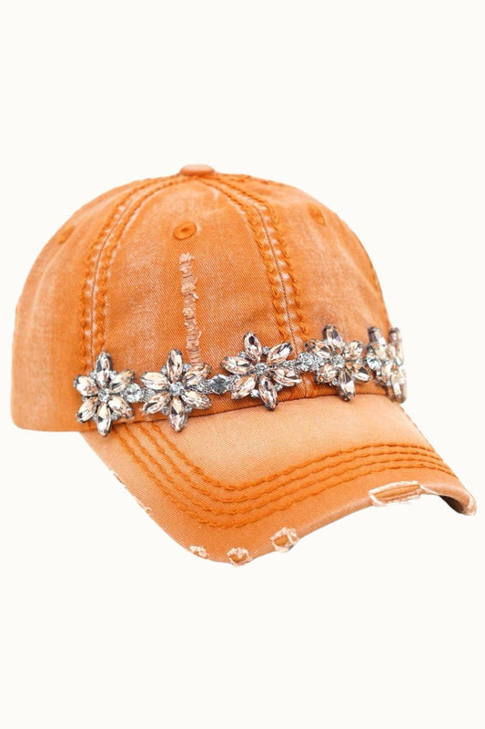 Bejeweled Bling Glitz Distressed Cap, Adjustable: Burnt Orange