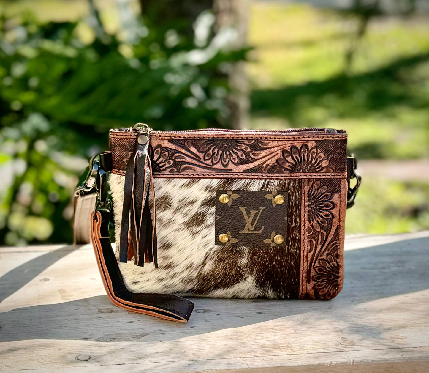 Upcycled LV Cowhide Leather Crossbody Wristlet Bag Western 