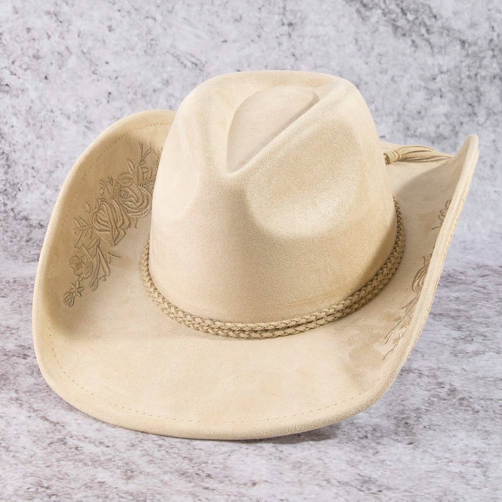 Rose Embroidered Braided Band Fedora Cowboy Hat: BR
