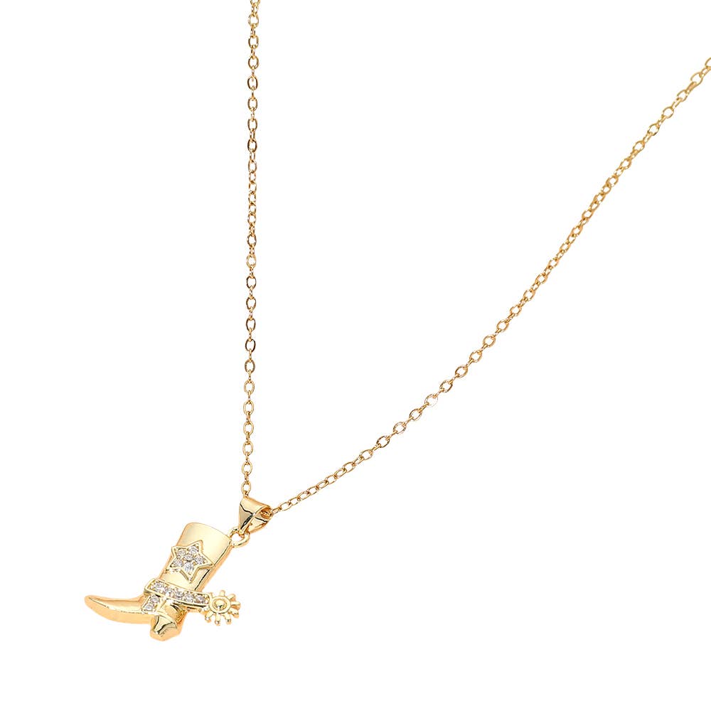 Stainless Steel CZ Stone Paved Star Accent Cowboy Boot Charm Pendant Necklace: Gold