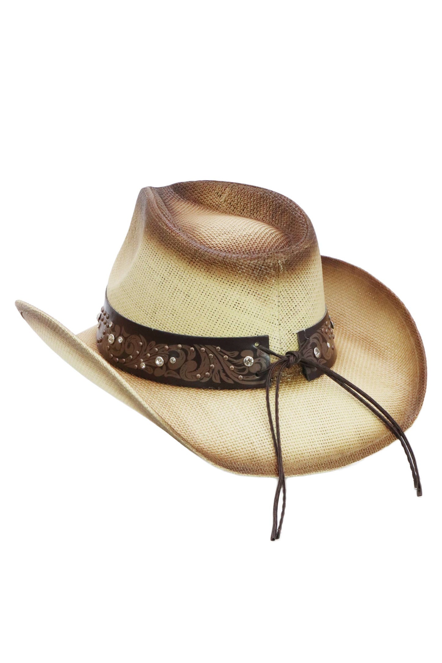 Heart Bling Rhinestone Belt Ombre Straw Cowboy Hat: Beige