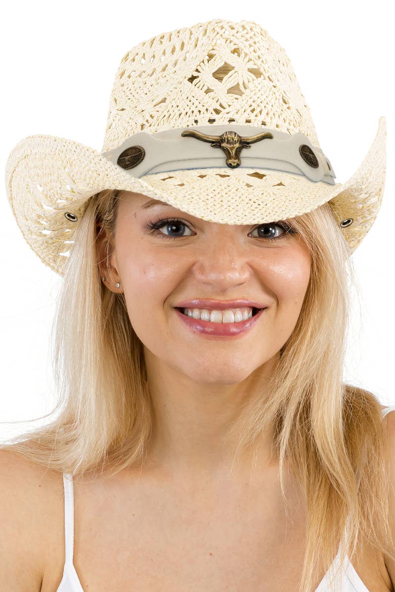 Longhorn Monochrome Belt Crochet Woven Cowboy Hat: Hot Pink