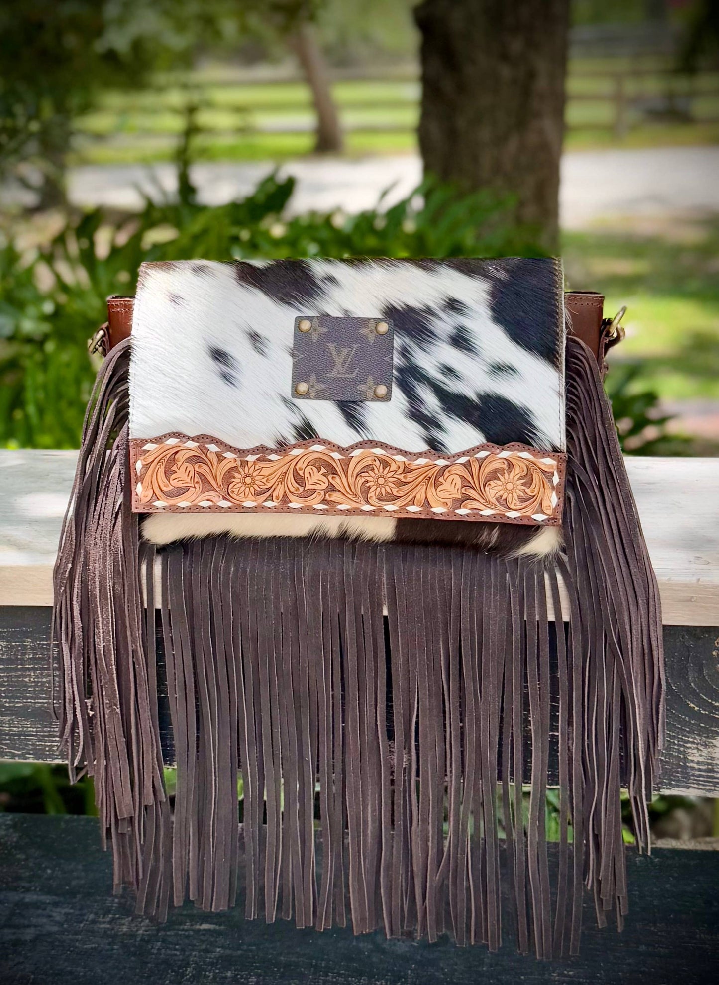 Upcycled Cowhide Leather Fringe Crossbody Bag Western Boho