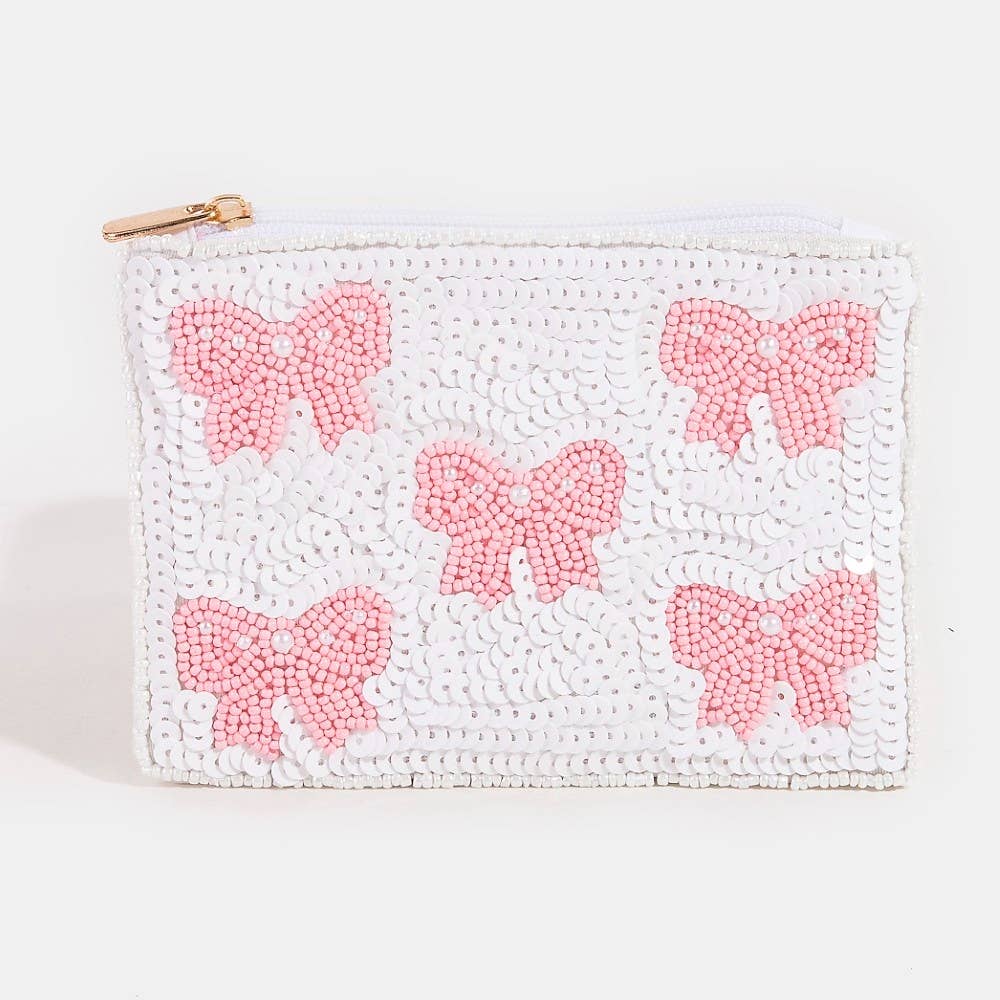 Pink Pearl Bead Ribbon Bow Mixed Beaded Coin Purse