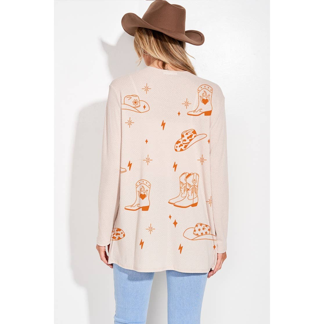 Cowgirl boots print knit long sleeve cardigan