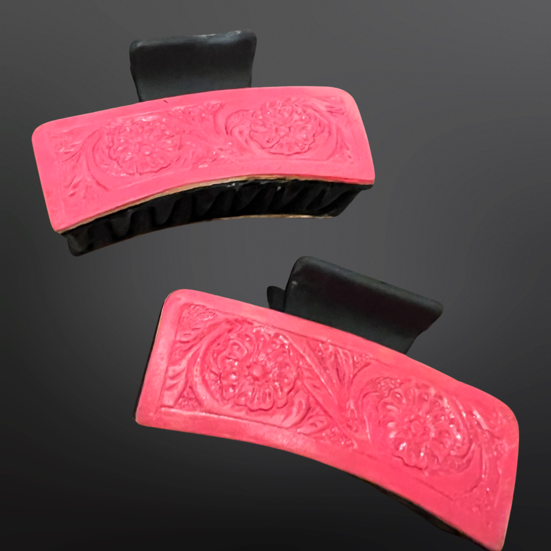 Pink Tooled Leather Claw Hair Clip Western  Matte Black