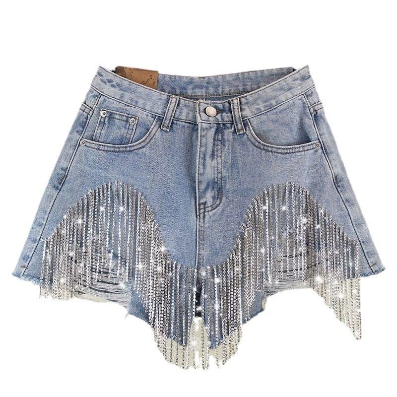 Rhinestone Fringe Denim Shorts High Waist Festival: Blue