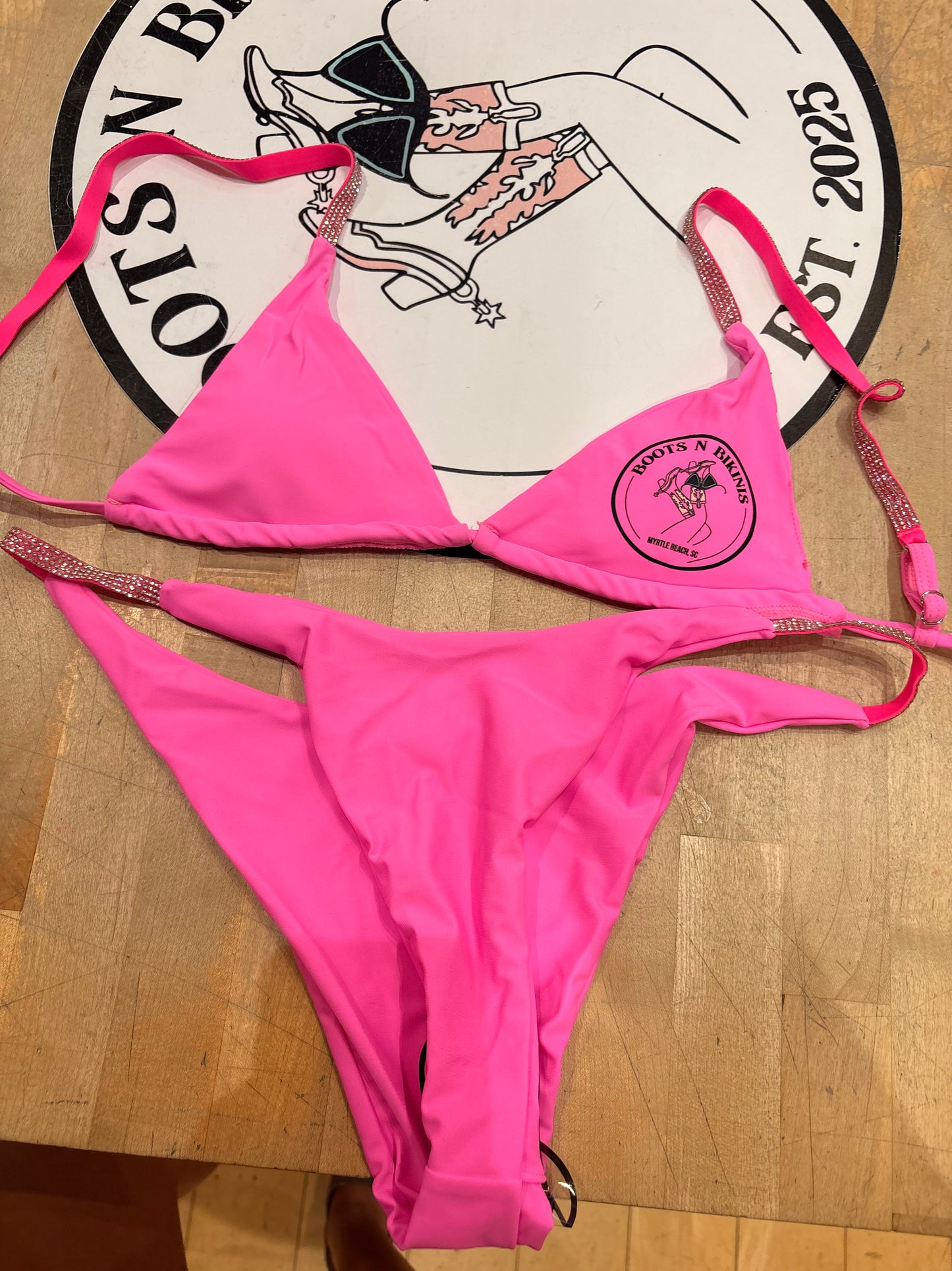 Logo Rhinestone Strap Bikini