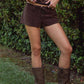 RIDER Lace Up Front Faux Suede Shorts With Belt Loop Detail: Brown