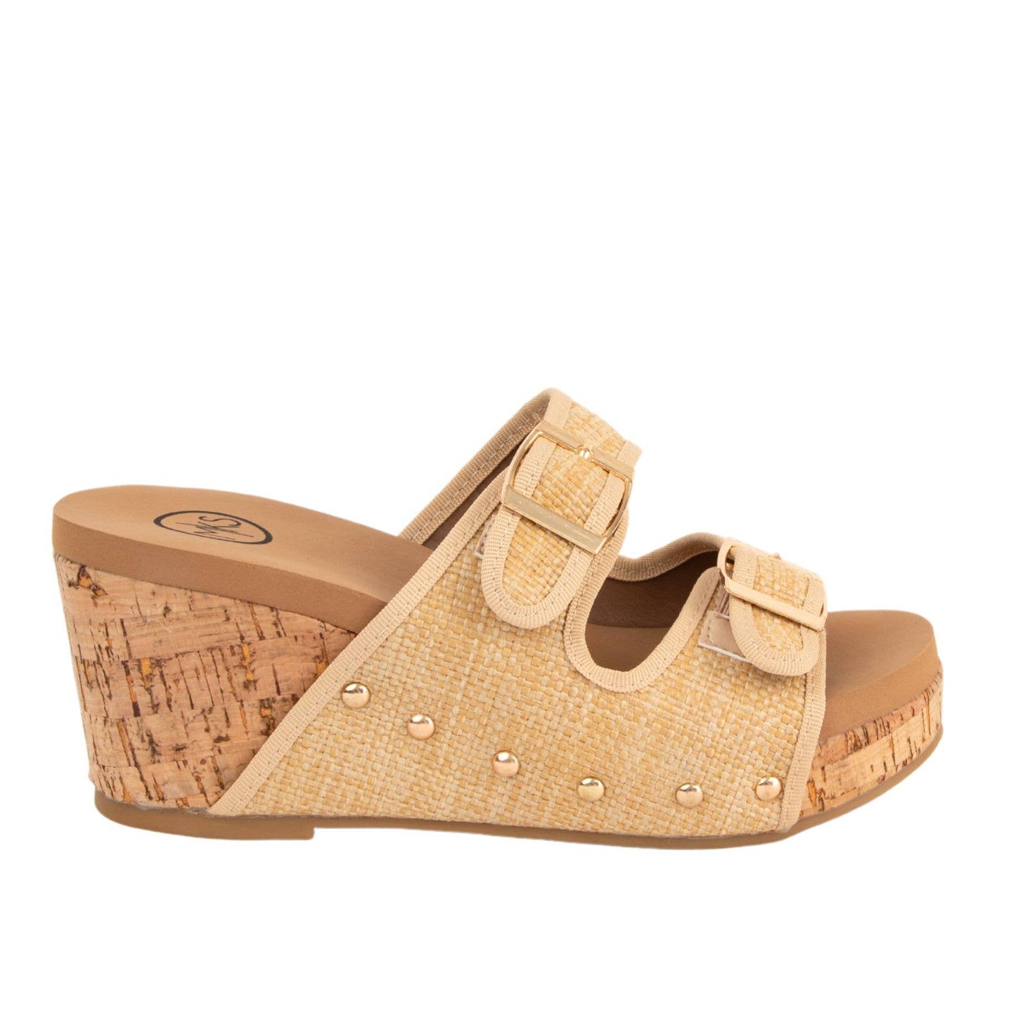 Raffia Double Buckle Slip On Cork  Platform