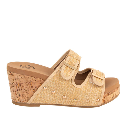 Raffia Double Buckle Slip On Cork  Platform
