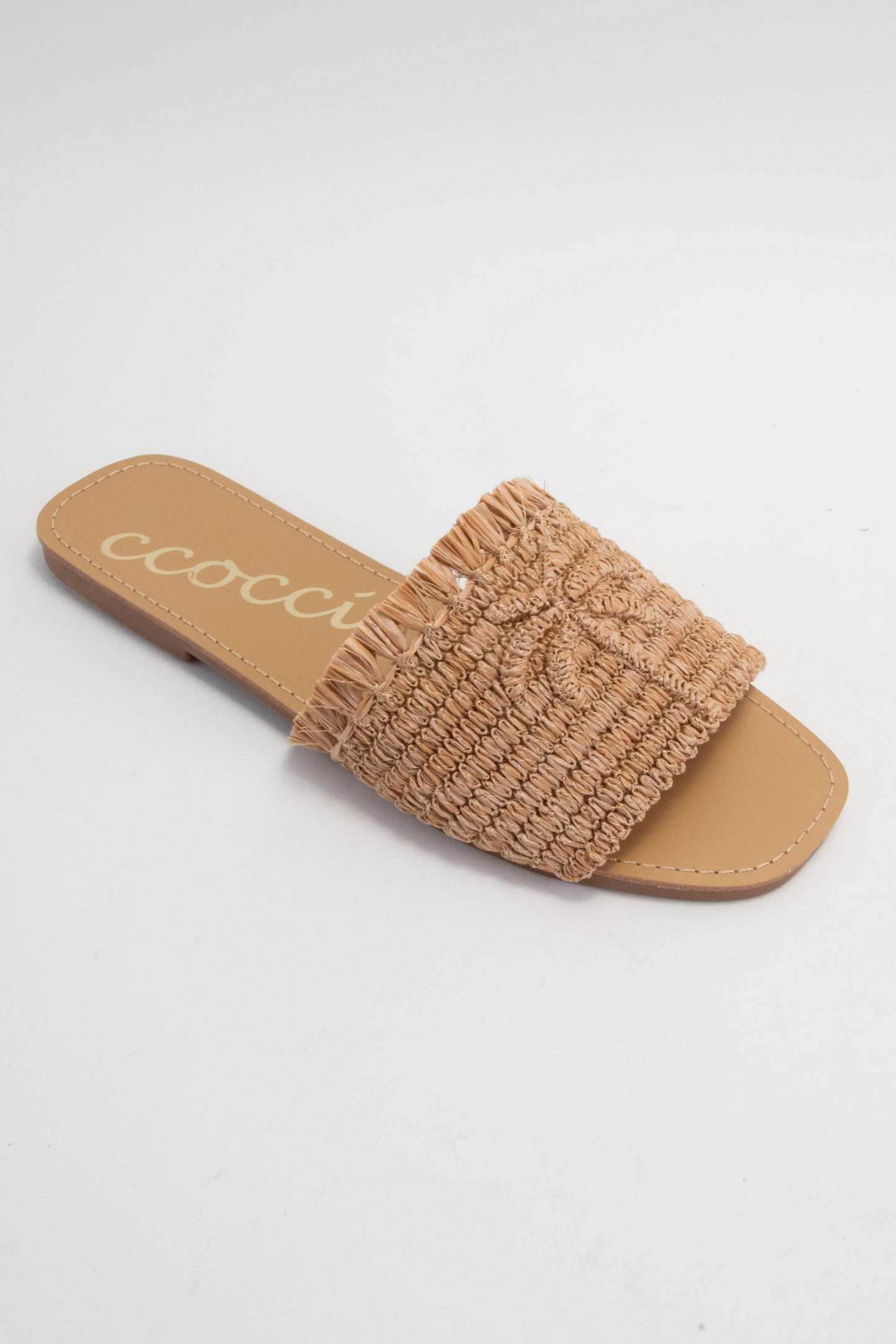 SANDY PALM TREE EMBROIDERY DESIGN RAFFIA SANDAL: CAMEL / A12