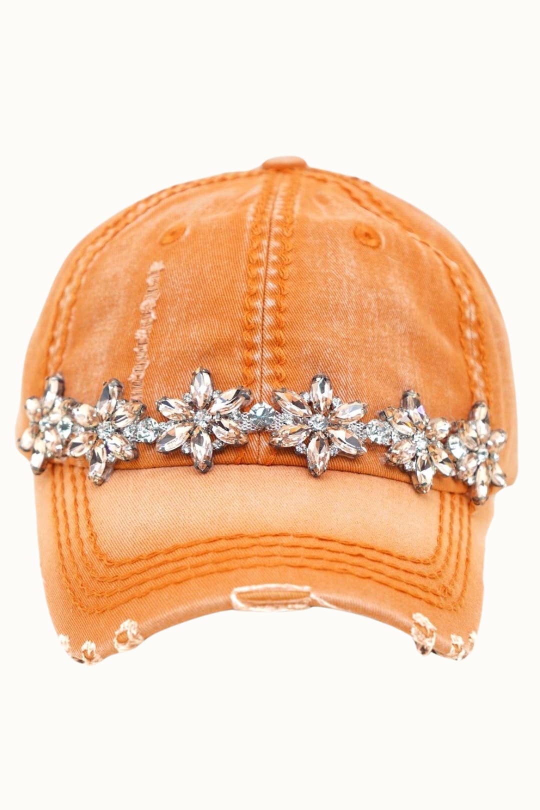 Bejeweled Bling Glitz Distressed Cap, Adjustable: Burnt Orange