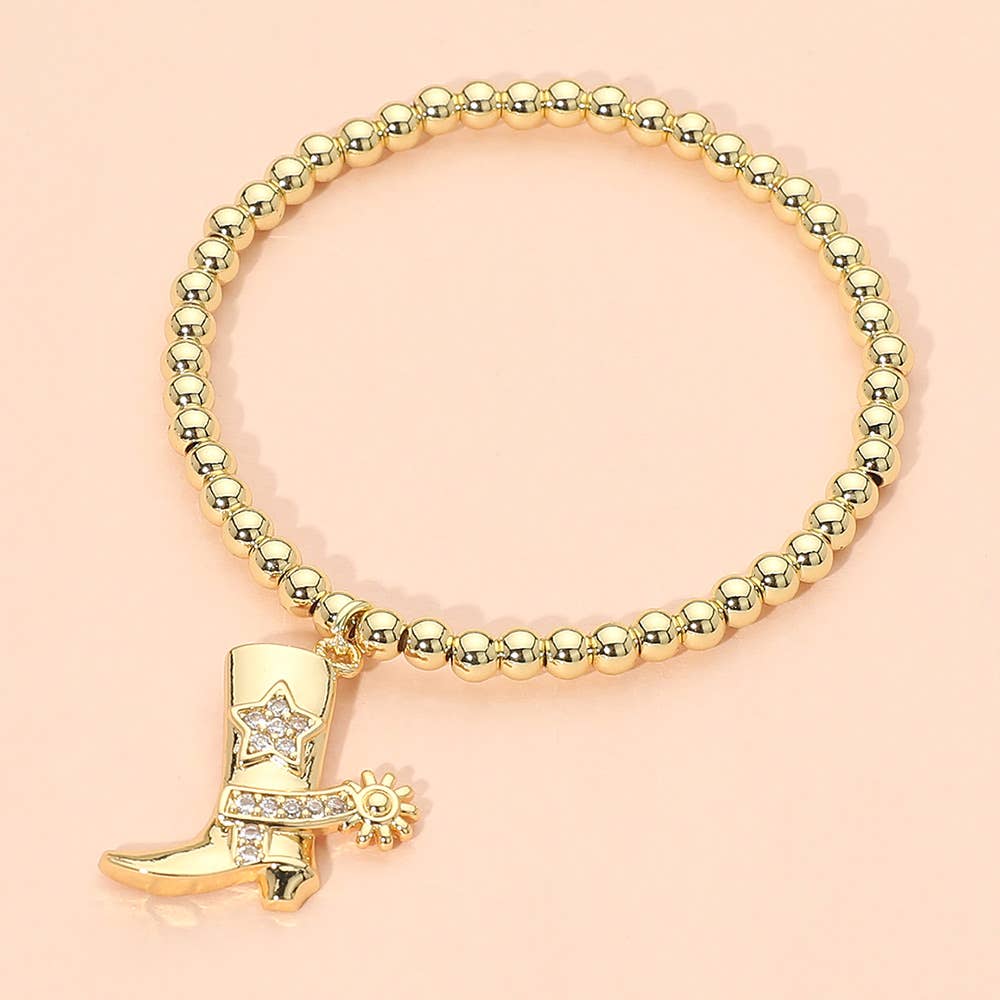 Stainless Steel Cowboy Boot Charm Beaded Stretch Bracelet
