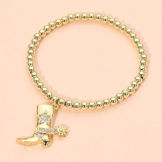 Stainless Steel Cowboy Boot Charm Beaded Stretch Bracelet