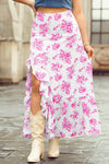 Boho Floral High Waist Ruffle Split Maxi Skirt pink