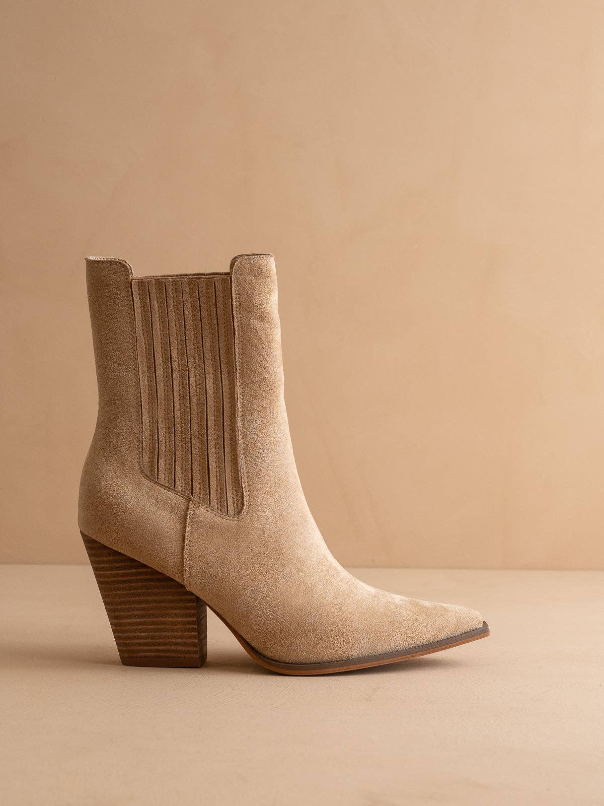 The Lydia | Almond Suede Pointed Toe Western Bootie: ALMOND