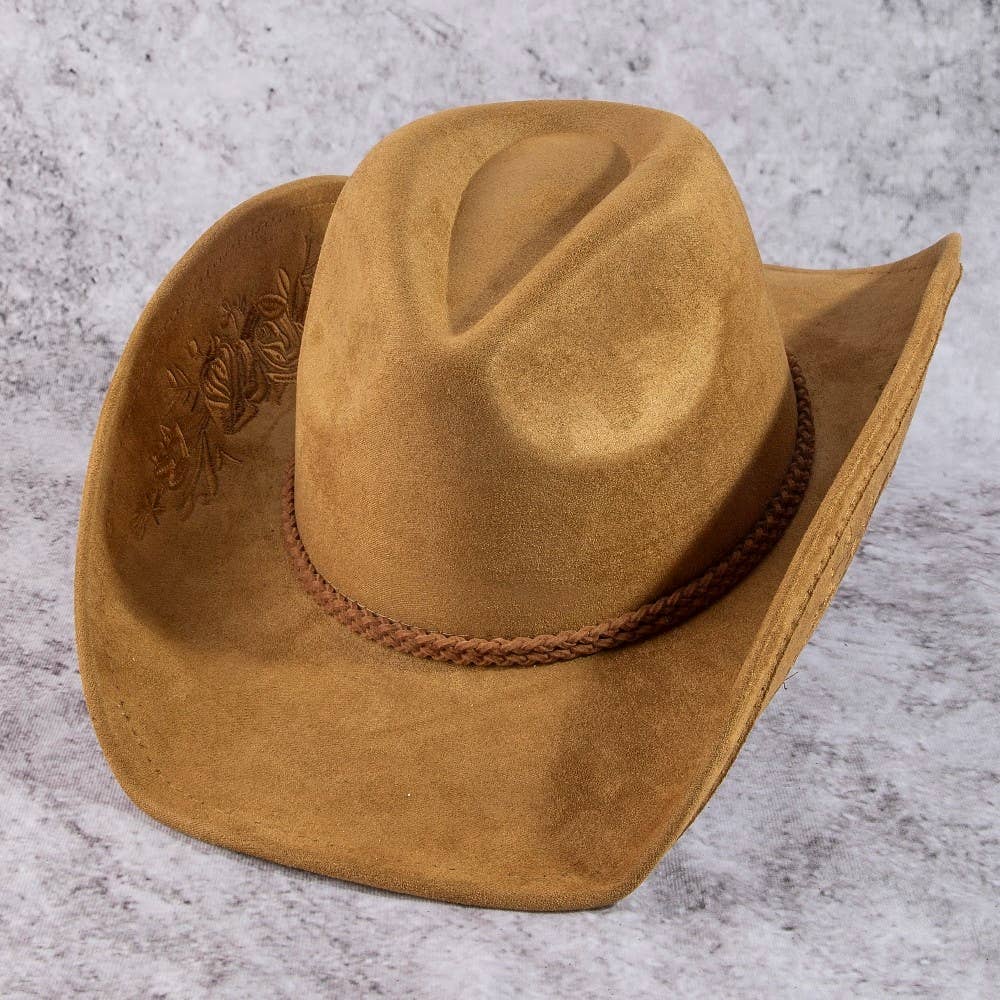 Rose Embroidered Braided Band Fedora Cowboy Hat: BR