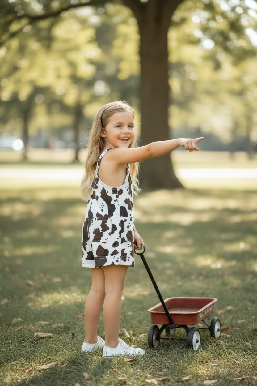 Cow printed girls denim overalls