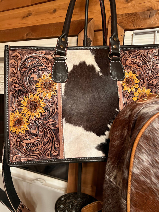 Sunflower Western Tooled Leather Cowhide Purse Tote Bag: Yellow Sunflowers