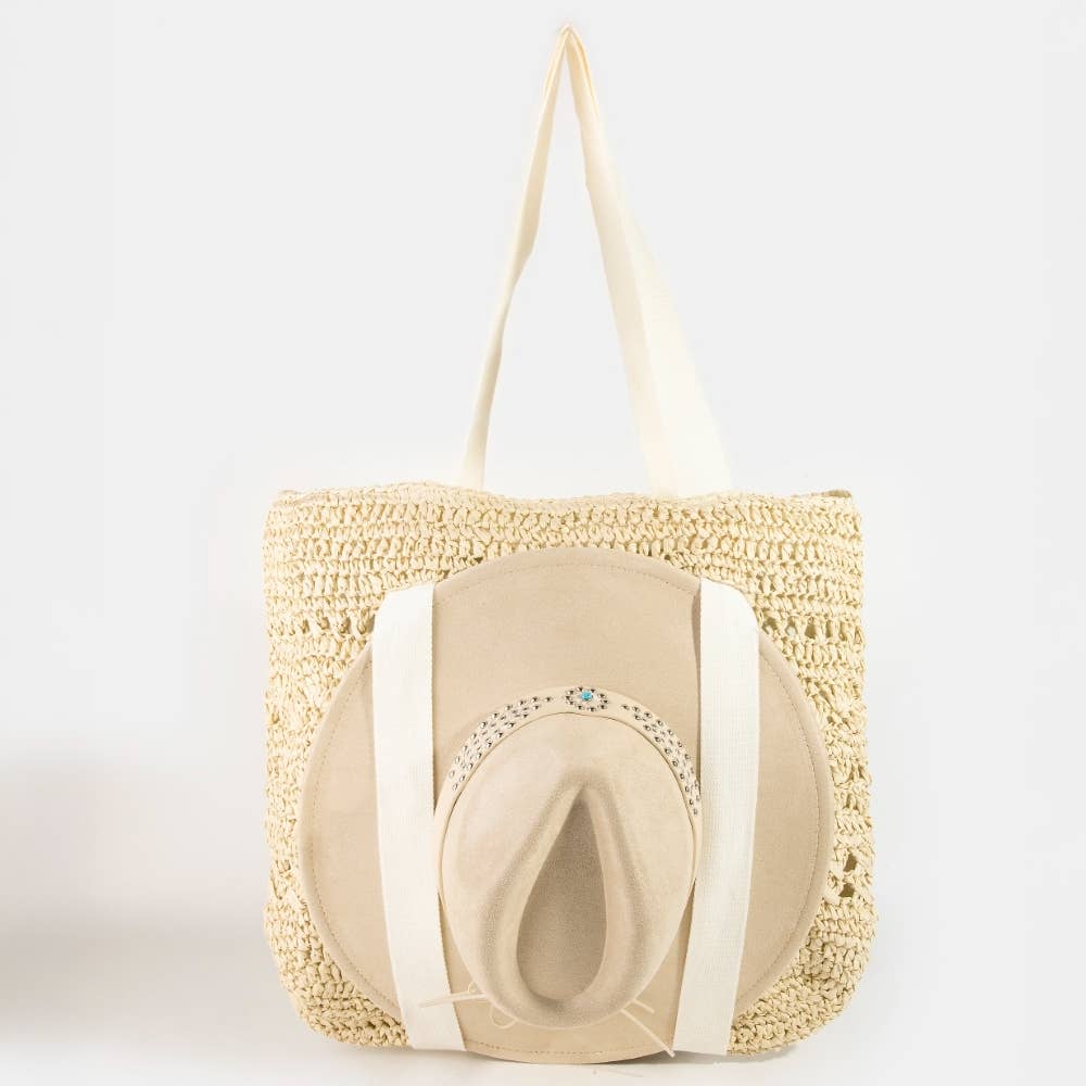 Large Straw Braided Tote Bag With Hat Holder: IV