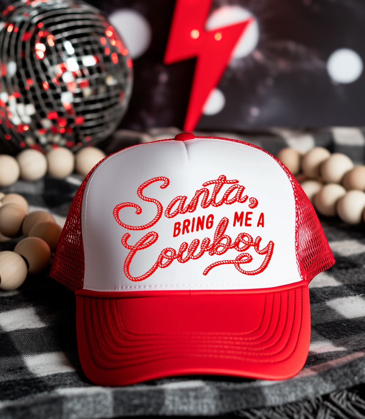 Santa Bring Me A Cowboy Otto Trucker Hats: Solid Red Trucker