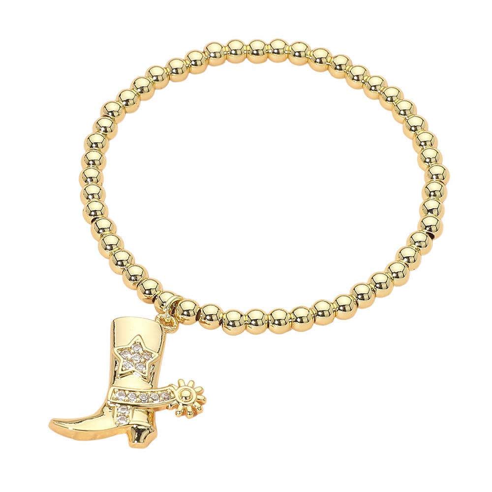 Stainless Steel Cowboy Boot Charm Beaded Stretch Bracelet