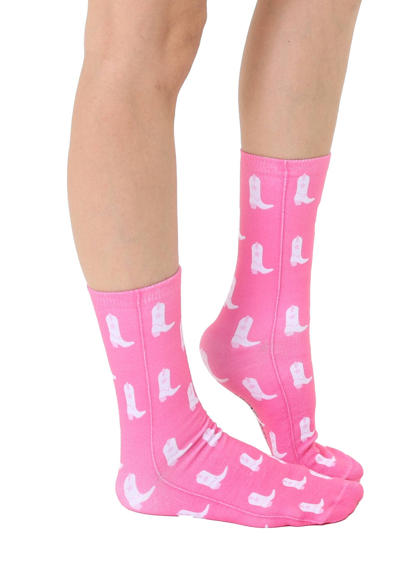 Novelty Graphic Crew Socks - White Cowgirl Boots - Pink