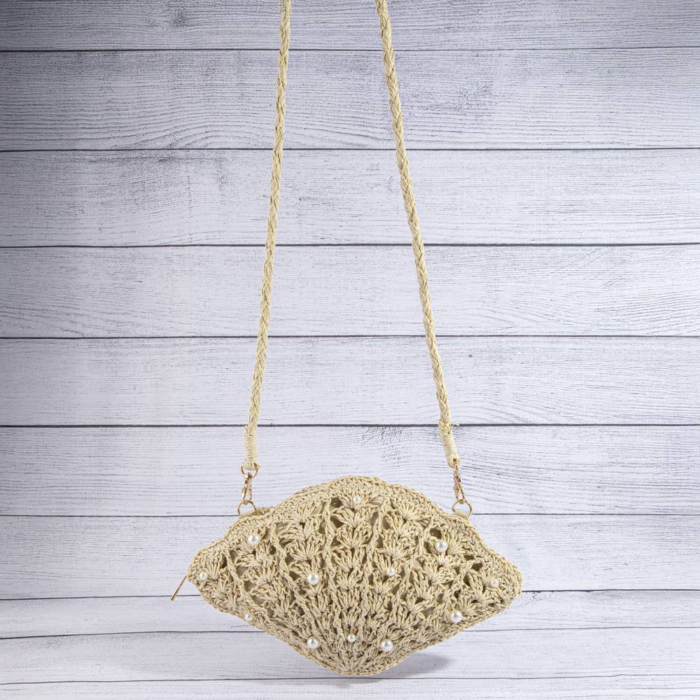 Pearl Beaded Straw Crochet Shell Bag