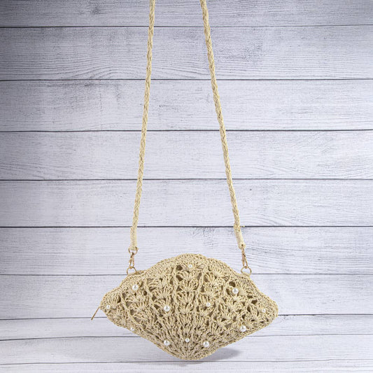 Pearl Beaded Straw Crochet Shell Bag