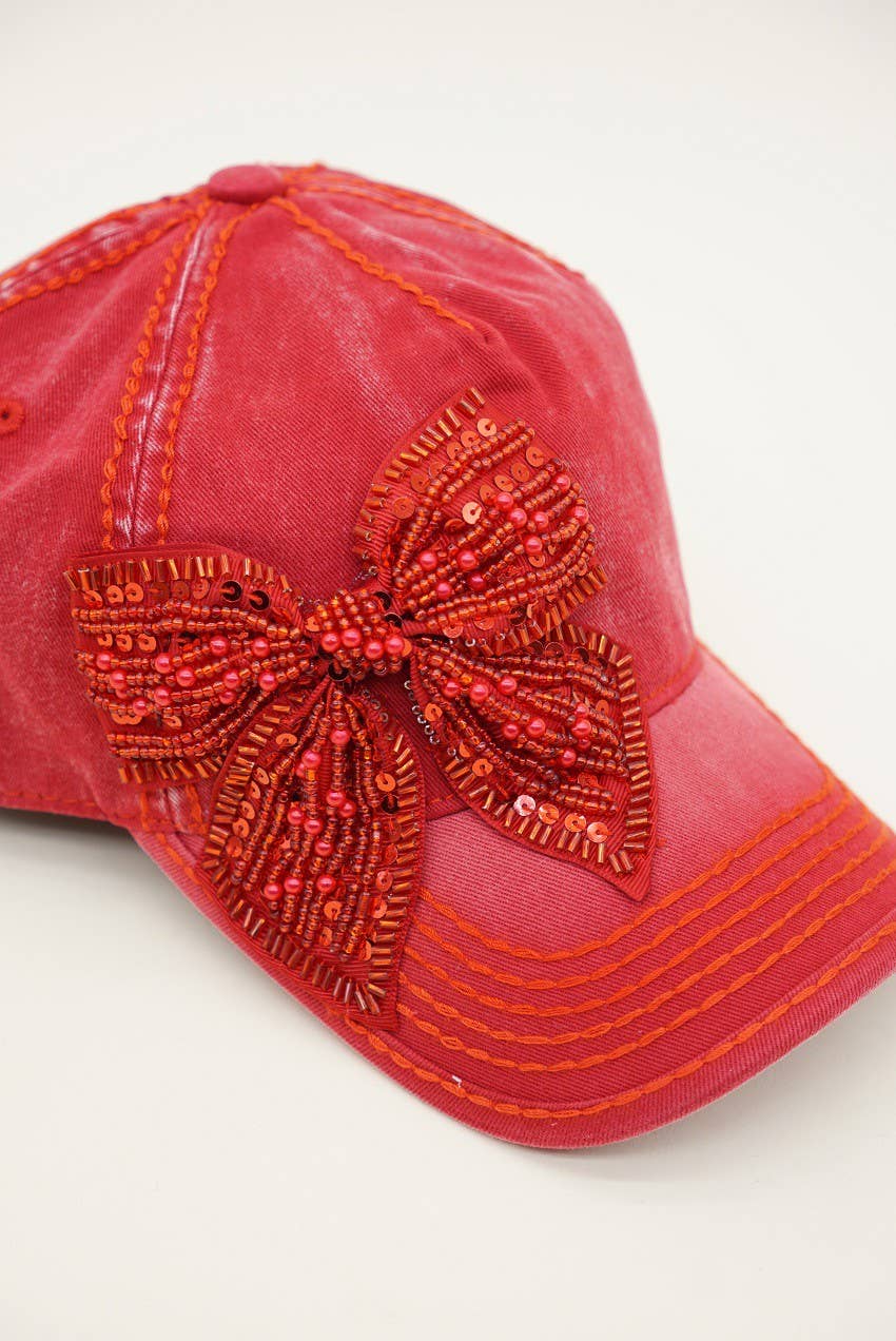 Bejeweled Bow Pearl Bling Glitz Ponytail Cap, Adjustable