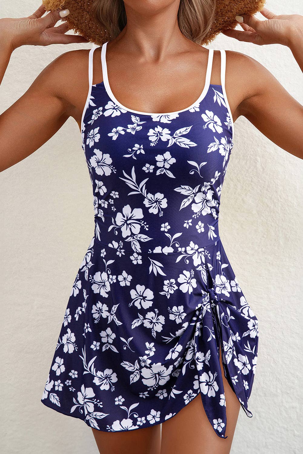 Sky Blue Crossed Back Floral Print swim dress