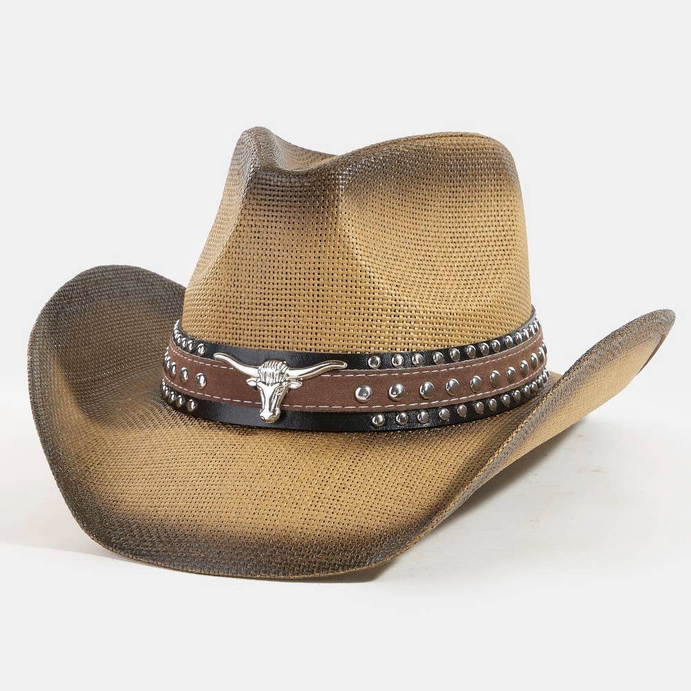 Western Long Horn Studded Strap Straw Cowboy Hat: KA