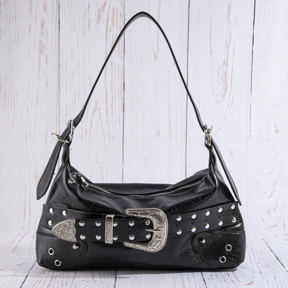 Studded Western Buckle Vegan Leather Shoulder Bag