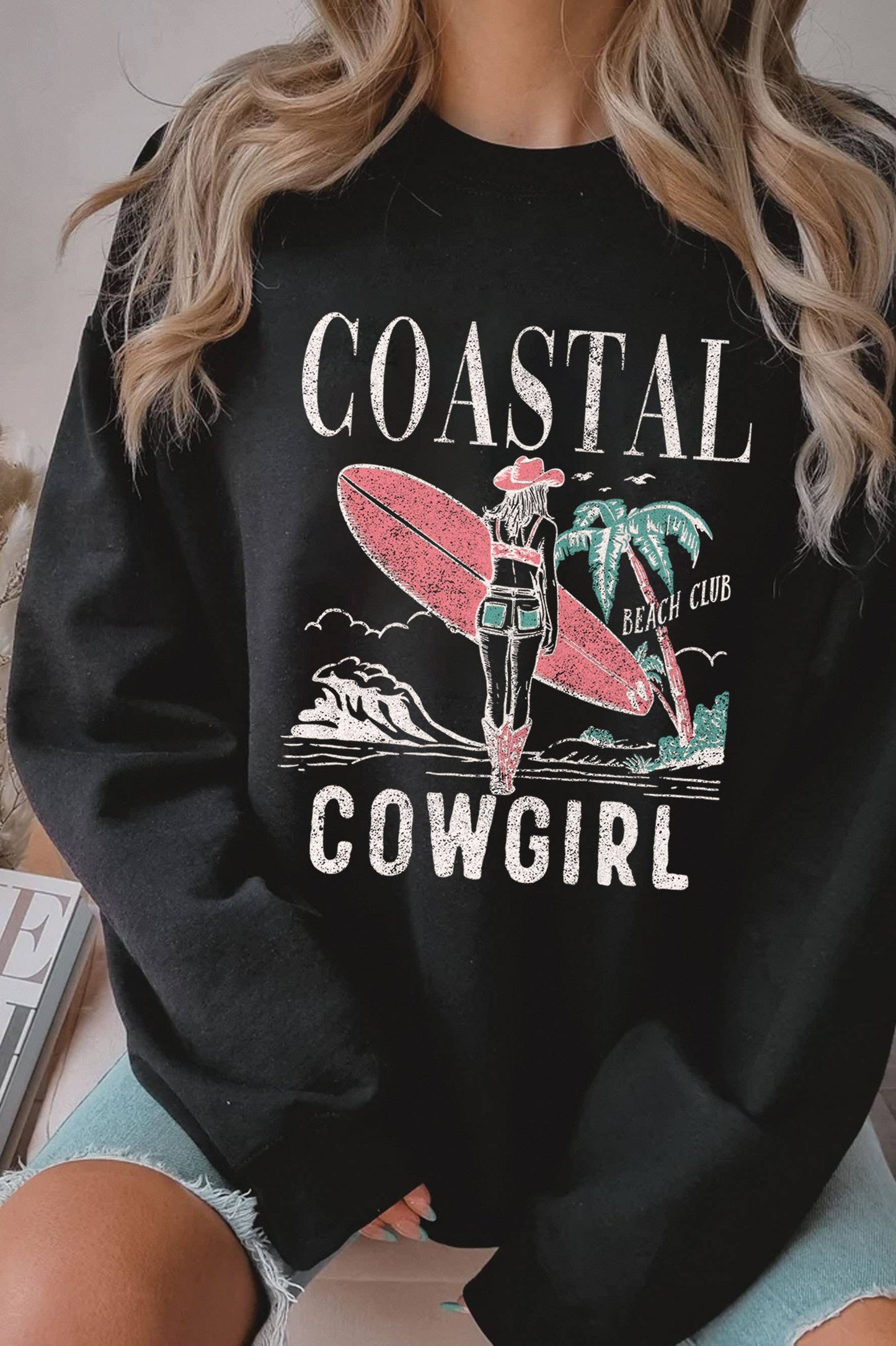 COASTAL COWGIRL BEACH CLUB GRAPHIC BRUSHED SWEATSHIRTS