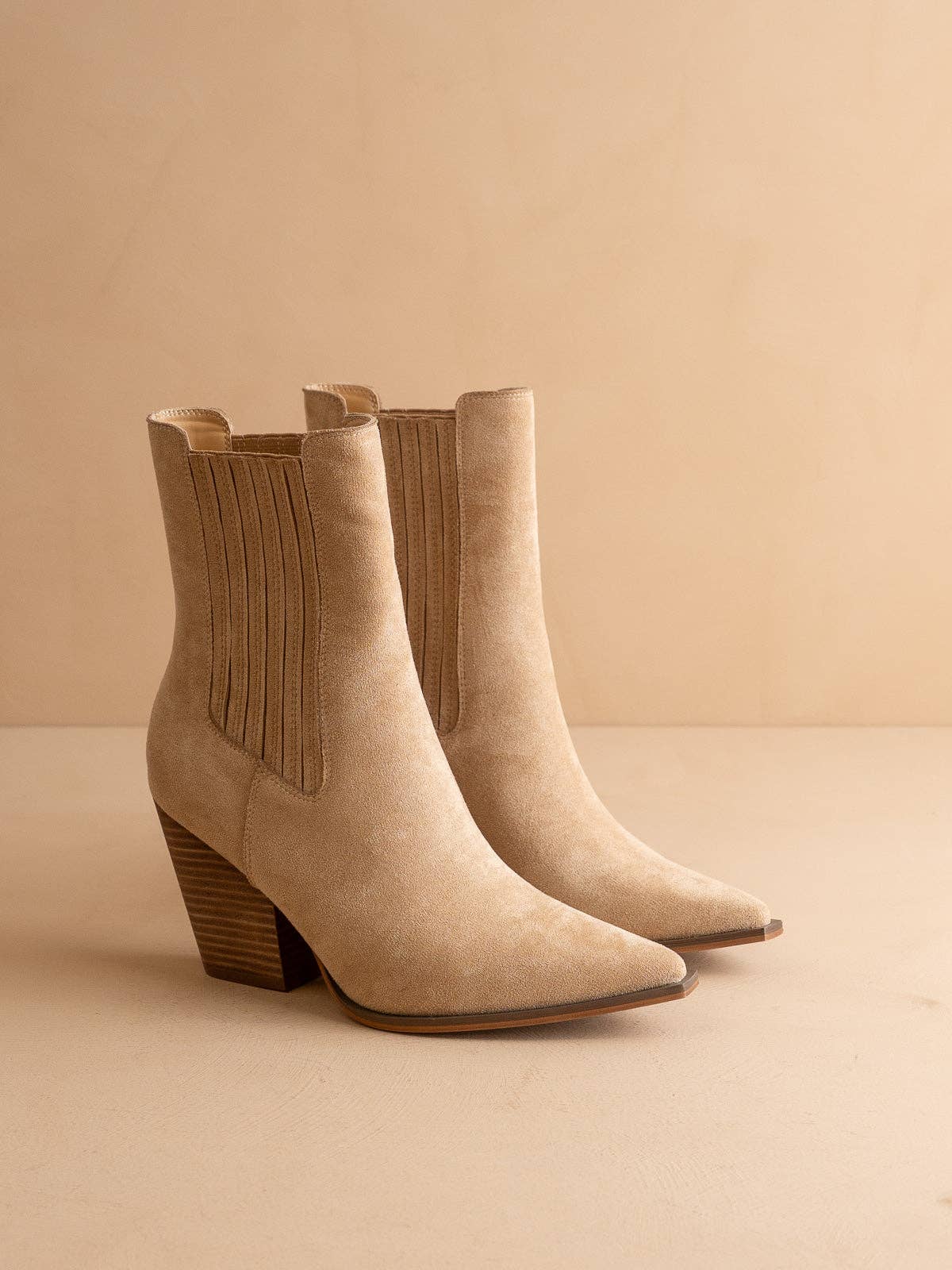 The Lydia | Almond Suede Pointed Toe Western Bootie: ALMOND