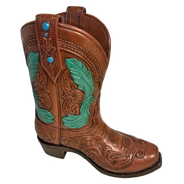 Tooled Western Boot Decorative Holder with Turquoise Accents
