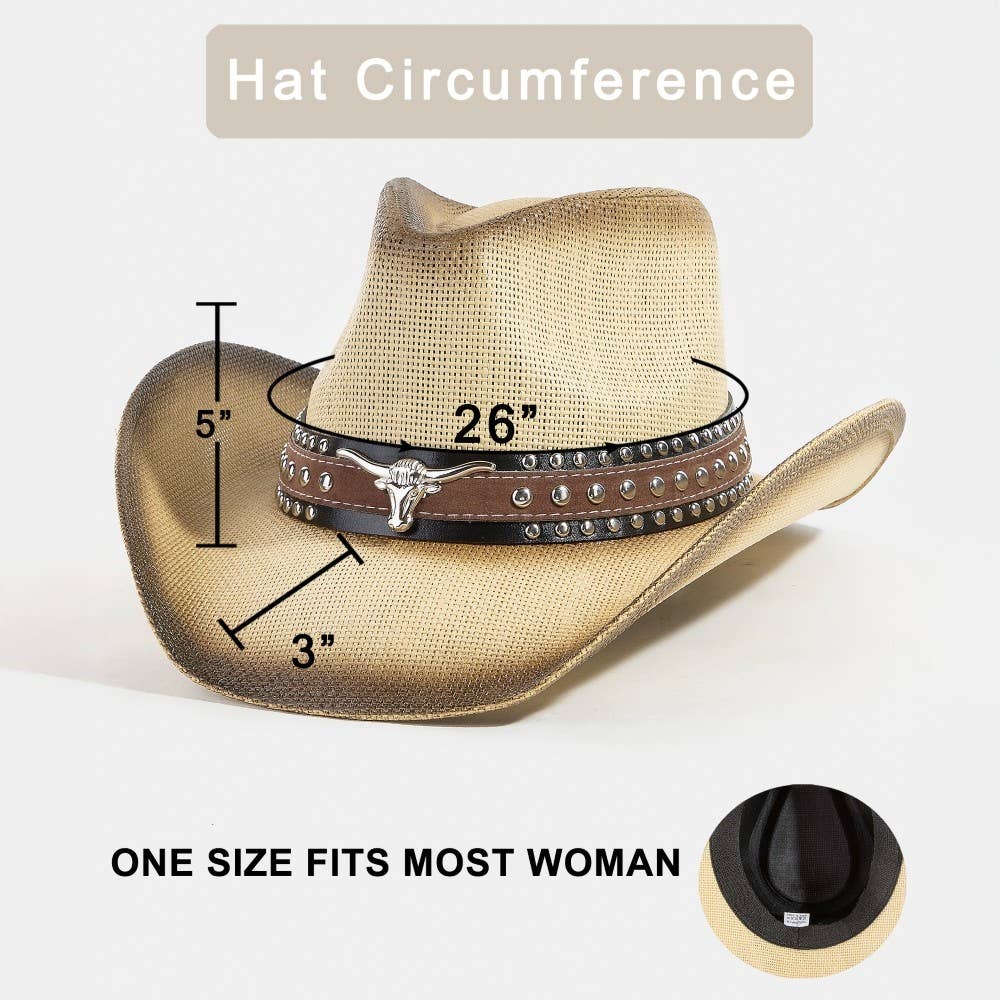 Western Long Horn Studded Strap Straw Cowboy Hat: KA