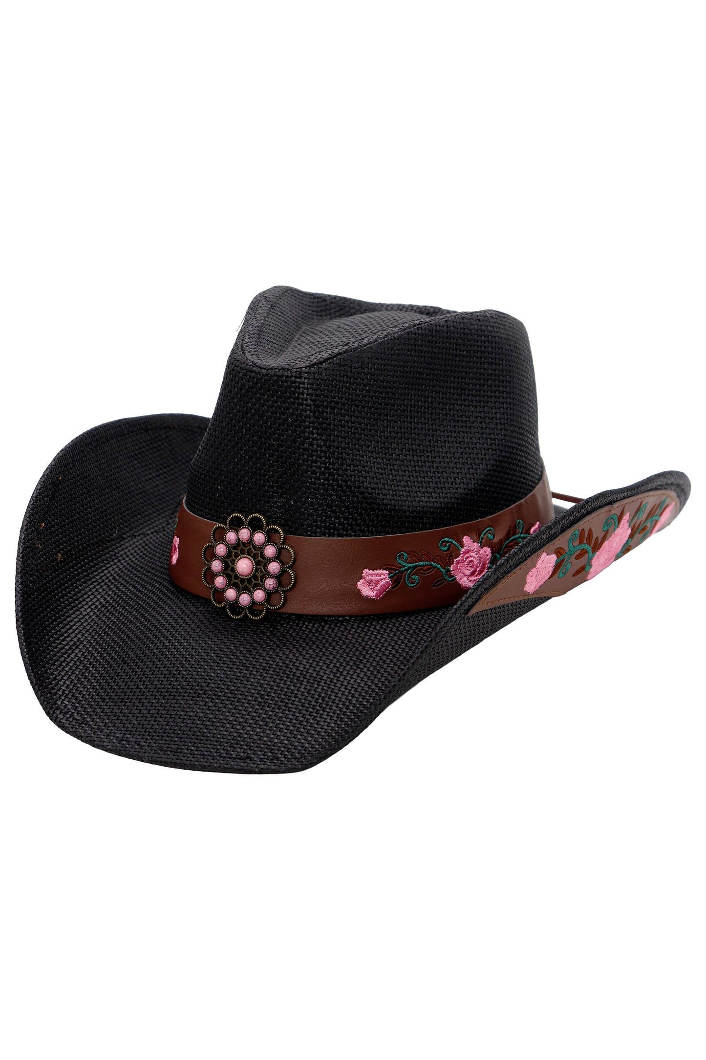 Pink Rose Concho Belt Embroidered Cowgirl Hat