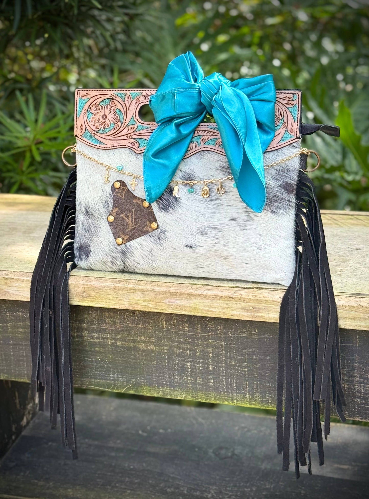 Upcycled LV Cowhide Leather Crossbody Clutch Bag Western