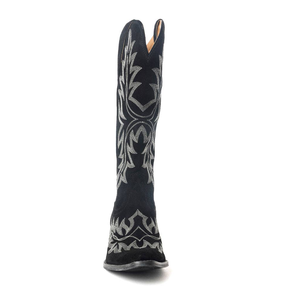 Midnight Trail Embroidered Leather Boots in Shadow Black