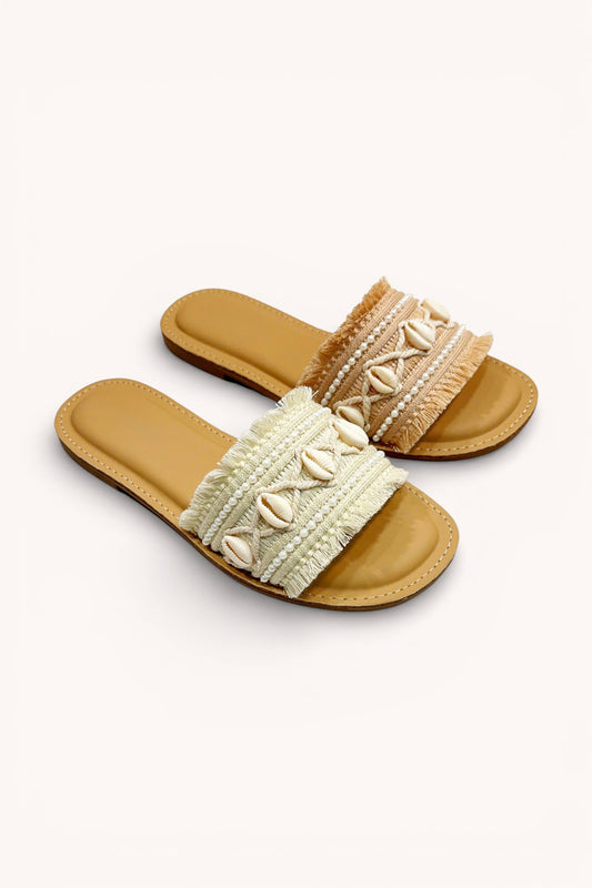 WOVEN FABRIC UPPER WITH EMBELLISHED BEADING DECOR: BEIGE