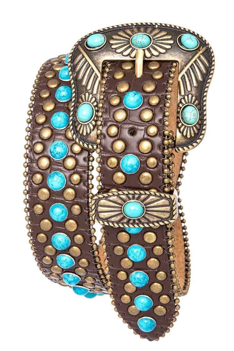 Turquoise Pave Western Belt: Brown