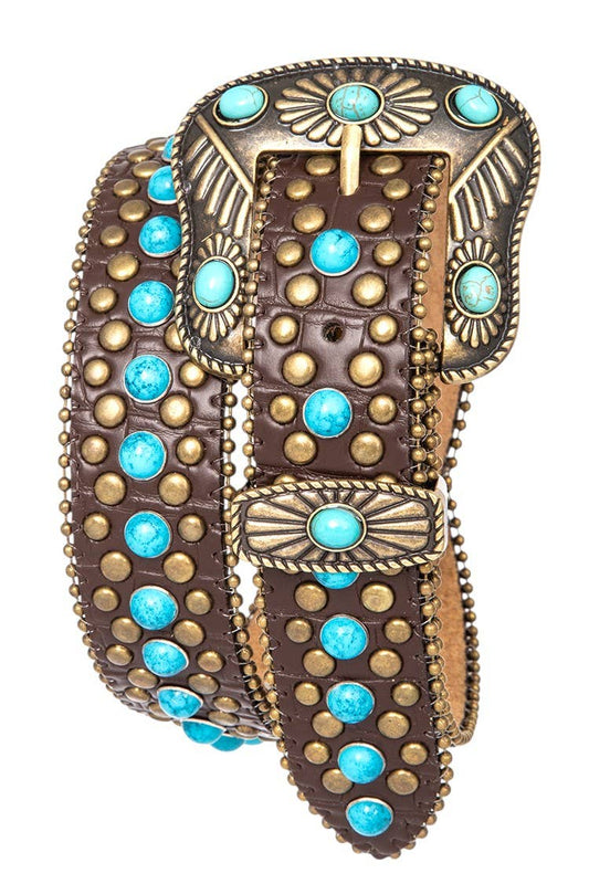 Turquoise Pave Western Belt: Brown
