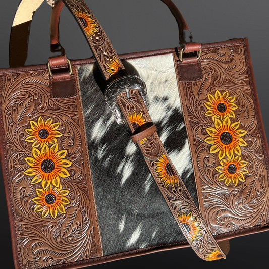 Sunflower Western Tooled Leather Cowhide Purse Tote Bag: Yellow Sunflowers