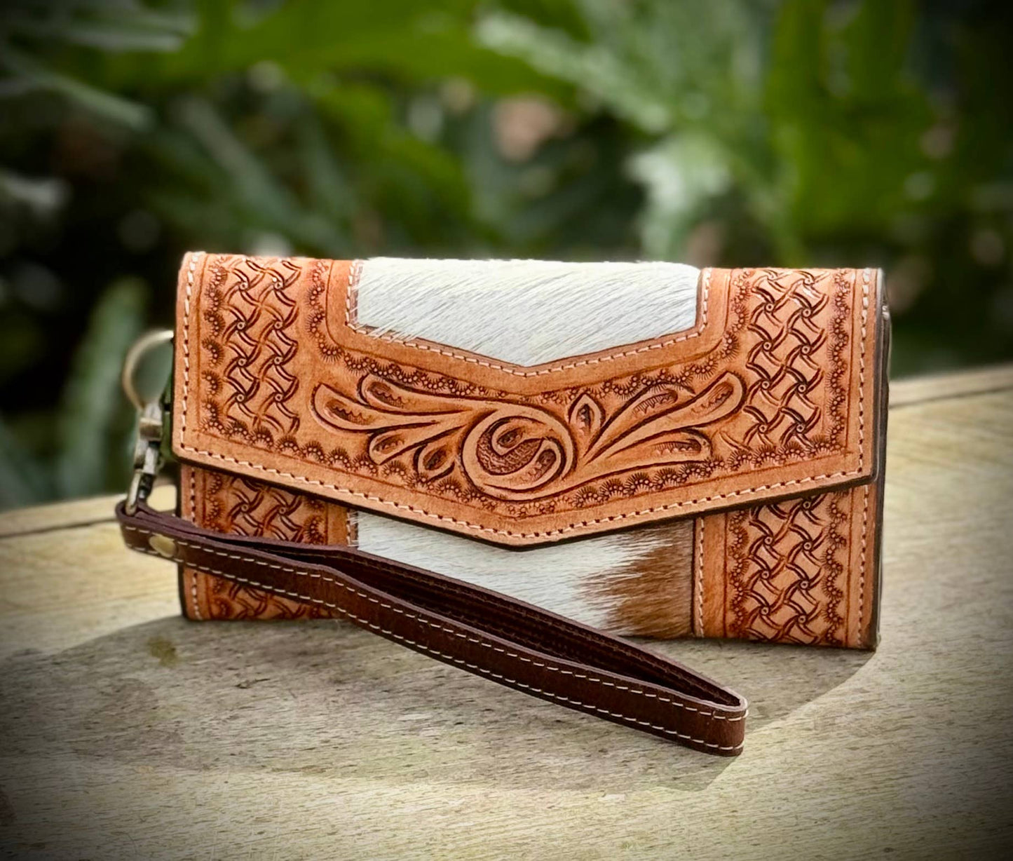 Tooled Leather Cowhide Wallet Wristlet Western Rodeo
